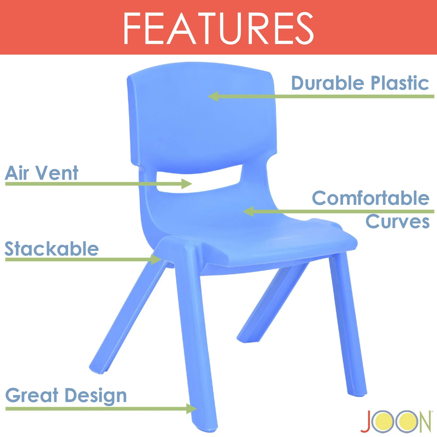 JOON Stackable Plastic Kids Learning Chairs, Blue, 20.5x12.75x11 Inches, 2-Pack (Pack of 2) - Image 2