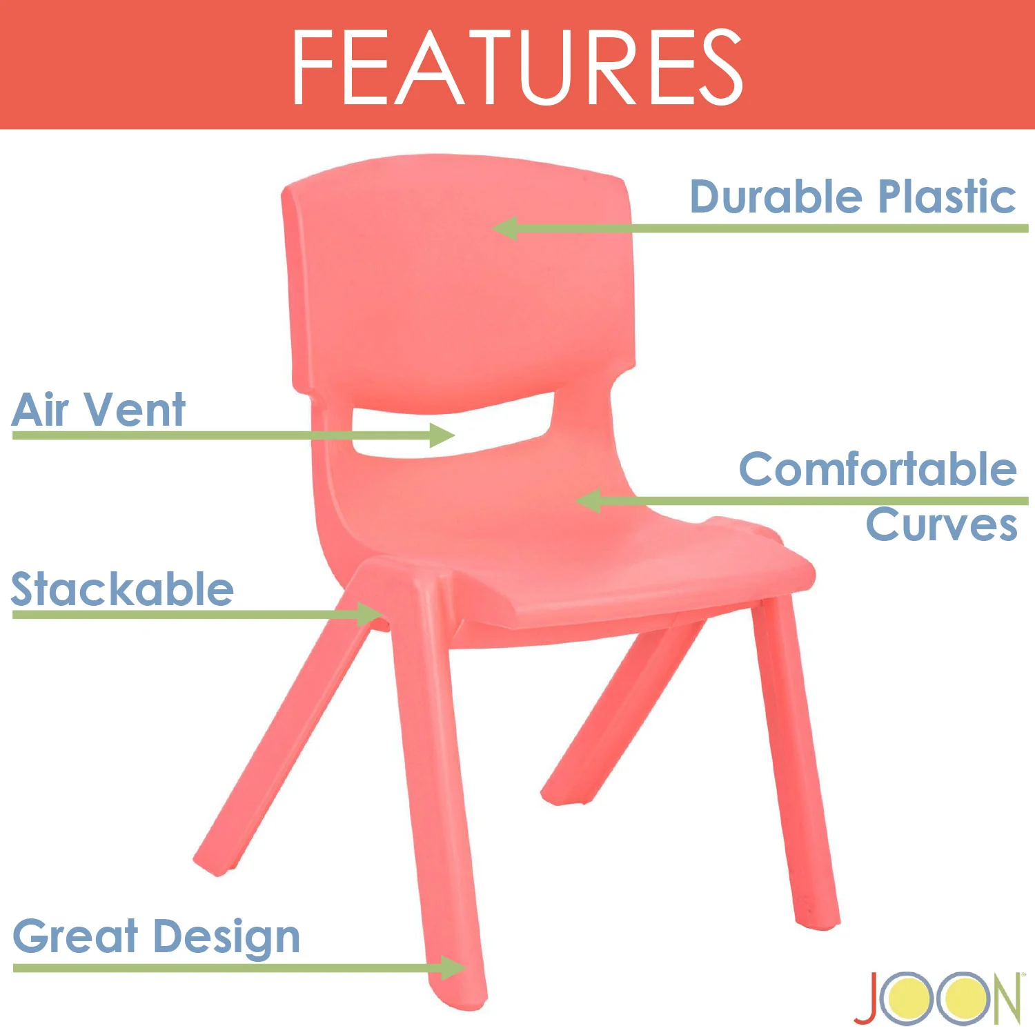 JOON Stackable Plastic Kids Learning Chairs, Coral, 20.5x12.75X11 Inches, 2-Pack (Pack of 2) - Image 2