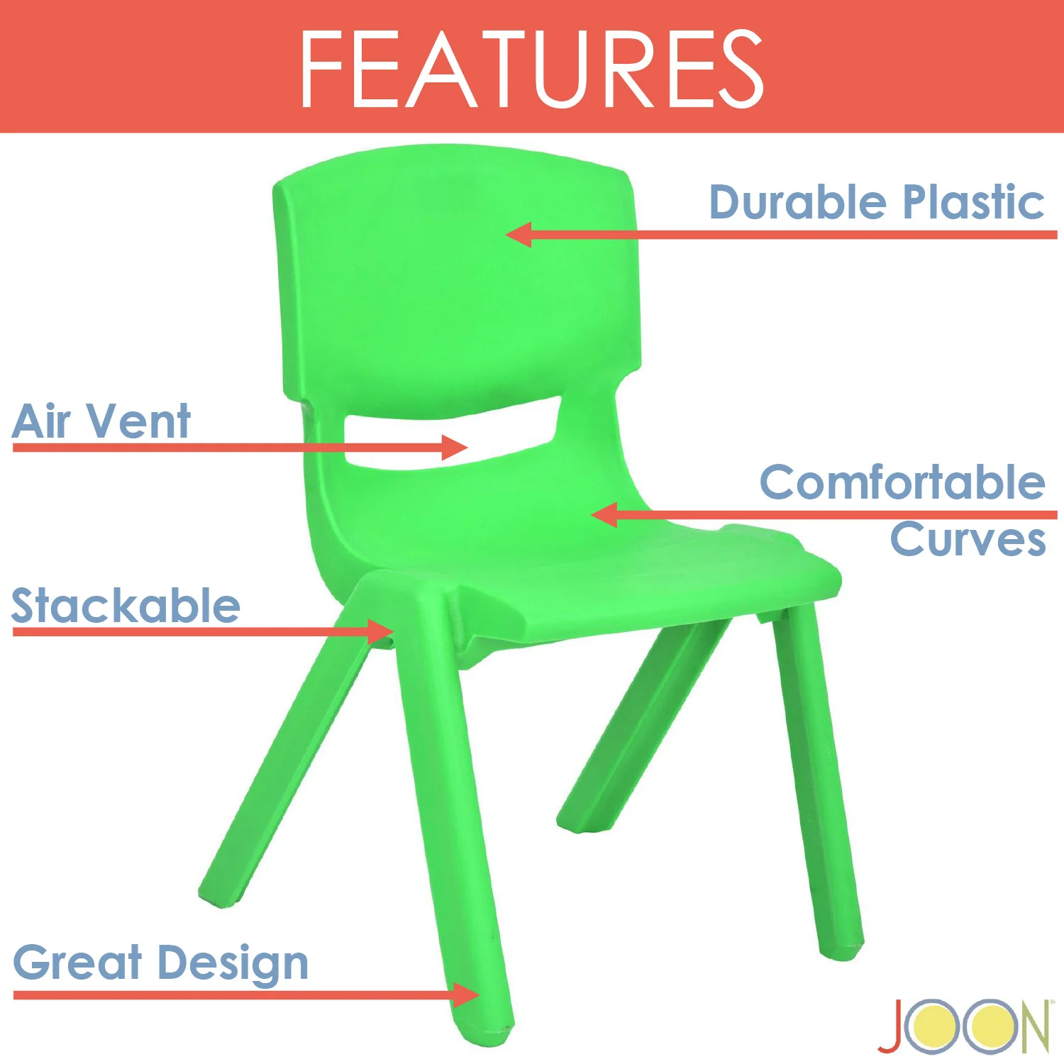 JOON Stackable Plastic Kids Learning Chairs, Green, 20.5x12.75X11 Inches, 2-Pack (Pack of 2) - Image 2