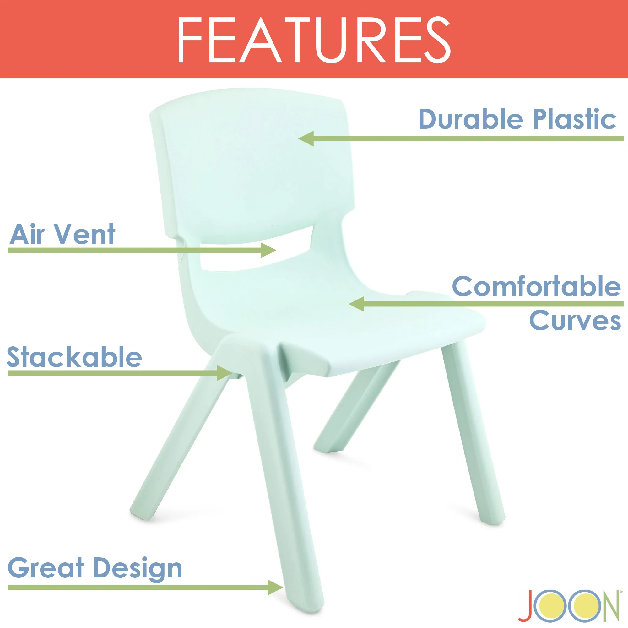 JOON Stackable Plastic Kids Learning Chairs, Mint Green, 20.5x12.75X11 Inches, 2-Pack (Pack of 2) - Image 2