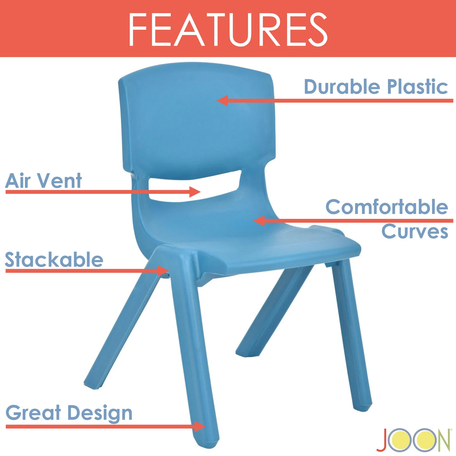 JOON Stackable Plastic Kids Learning Chairs, Sky Blue, 20.5x12.75X11 Inches, 2-Pack (Pack of 2) - Image 2
