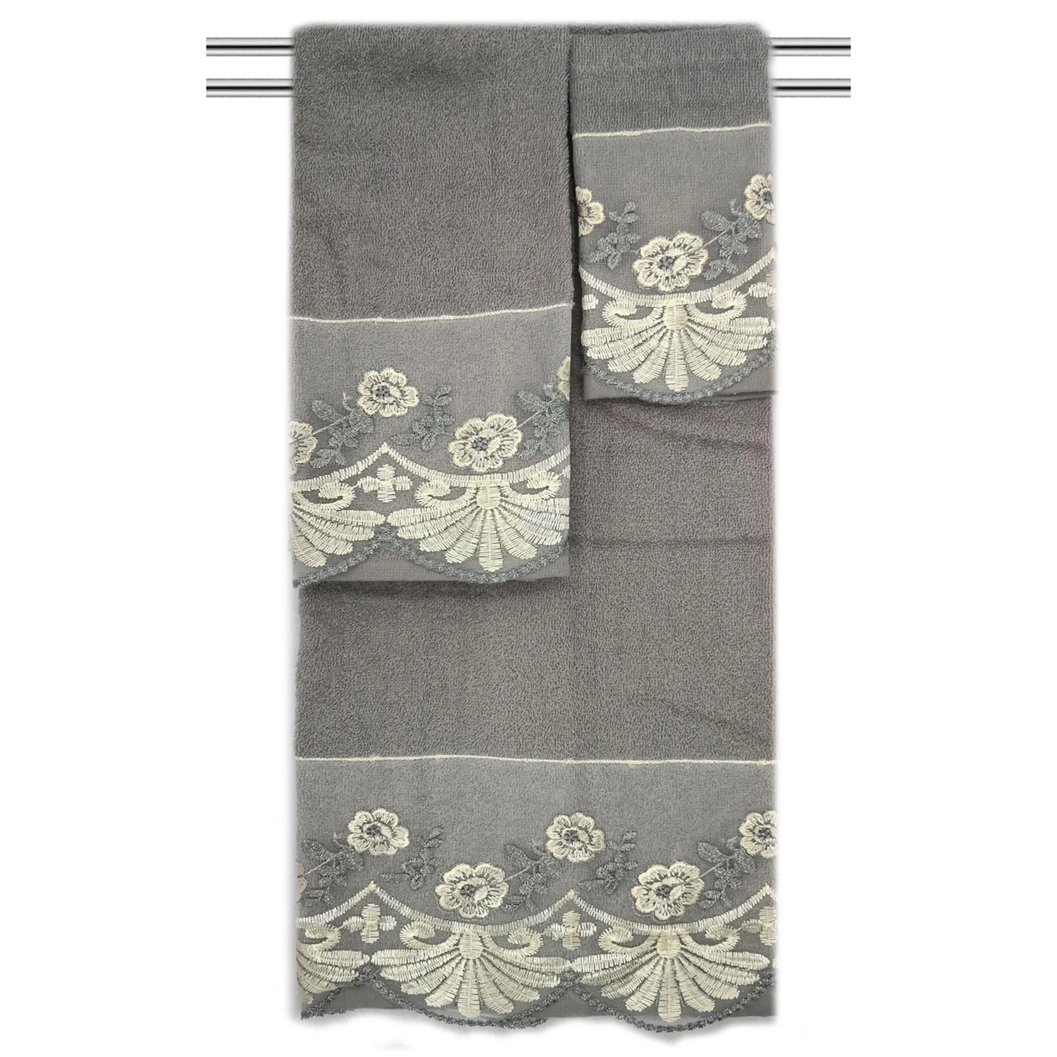 Jules 3-Piece Floral Embroidered Cotton Decorative Bath Towel Set - Image 5