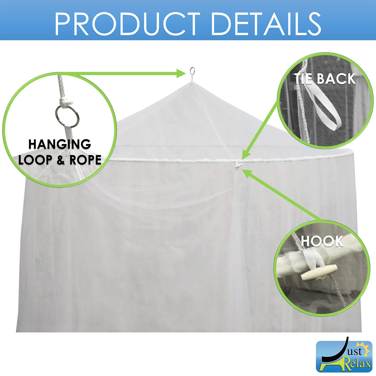 Just Relax Extra-Large Indoor-Outdoor Round Canopy Mosquito Net, White, 5x9 Feet - Image 4