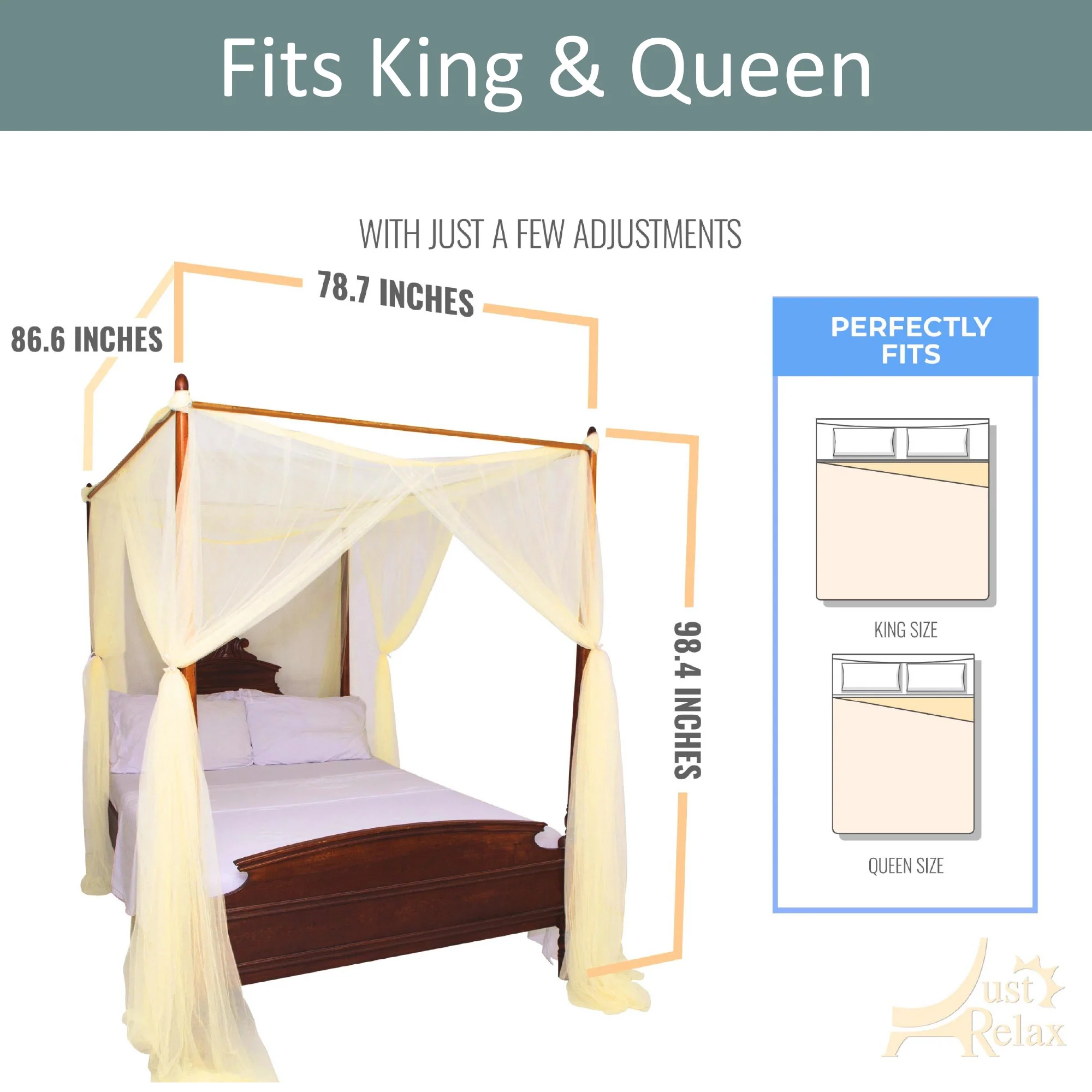 Just Relax Four Corner Post Elegant Mosquito Net Bed Canopy Set, Yellow, Full-Queen-King - Image 4