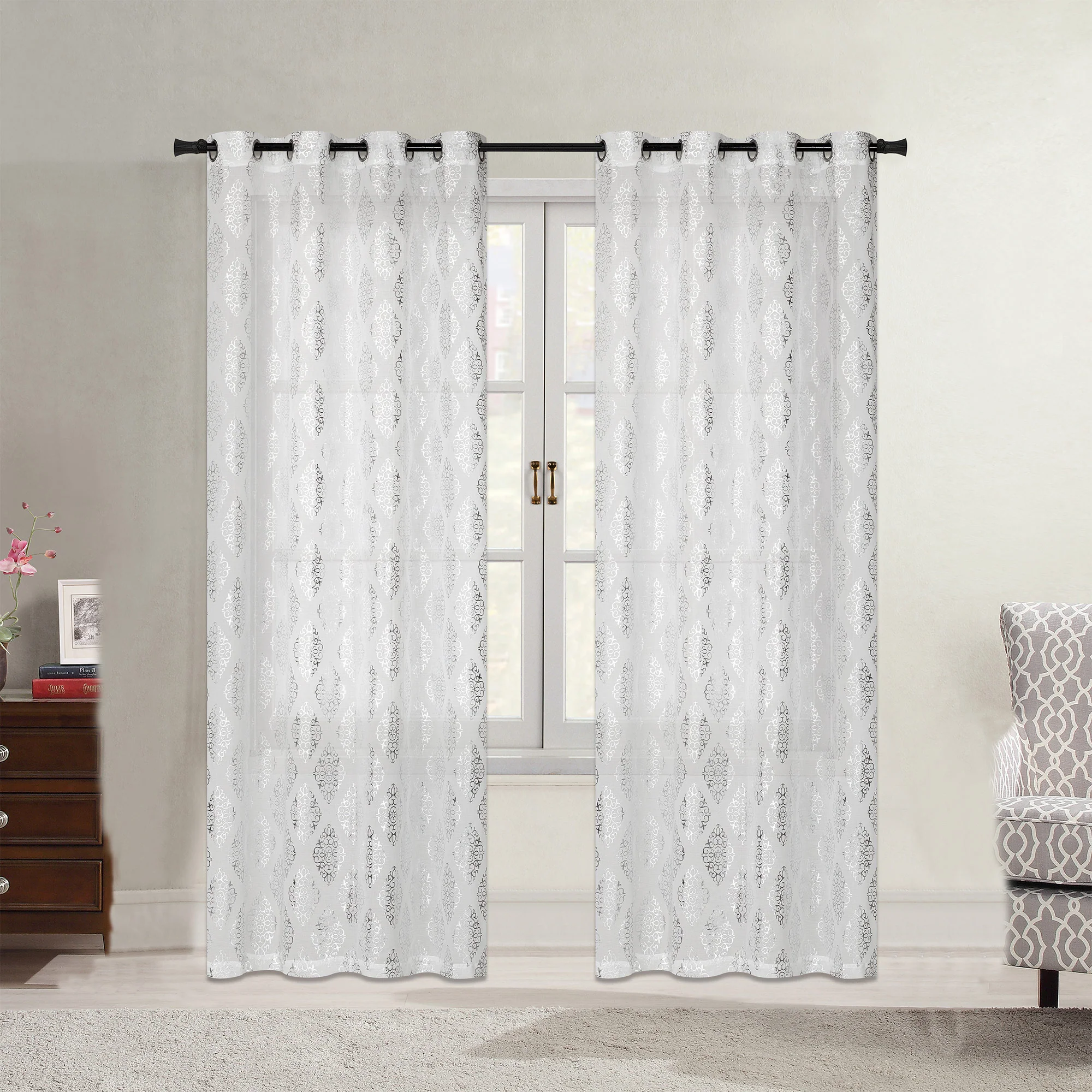 Karson Damask Foil Printed Sheer Grommet Window Panel, 54x84 Inches - Image 2