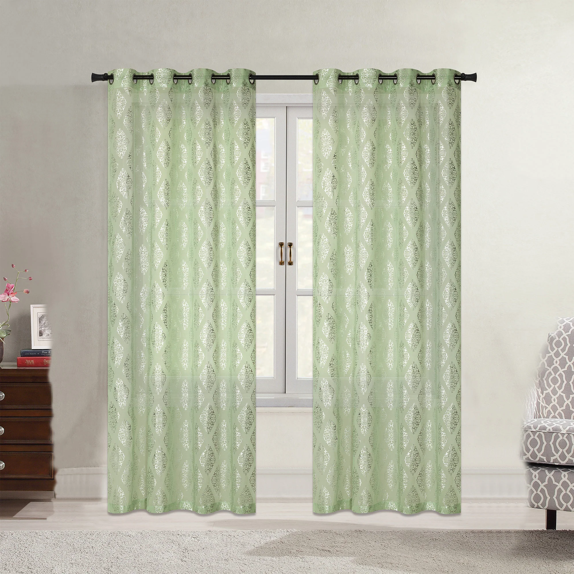 Karson Damask Foil Printed Sheer Grommet Window Panel, 54x84 Inches - Image 4