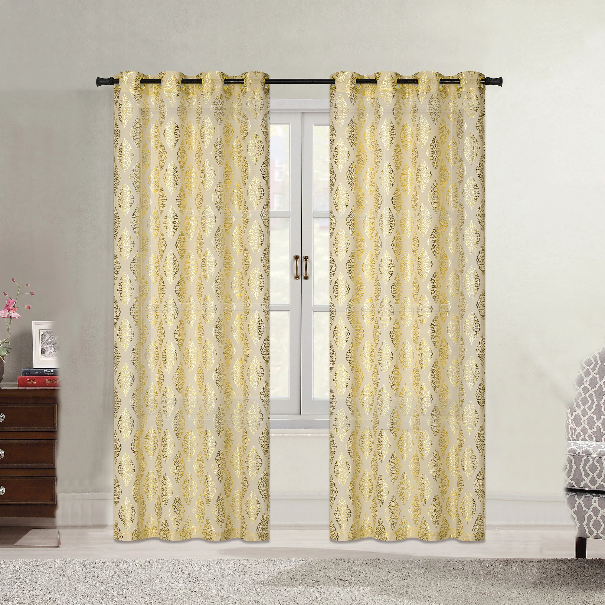 Karson Damask Foil Printed Sheer Grommet Window Panel, 54x84 Inches - Image 7
