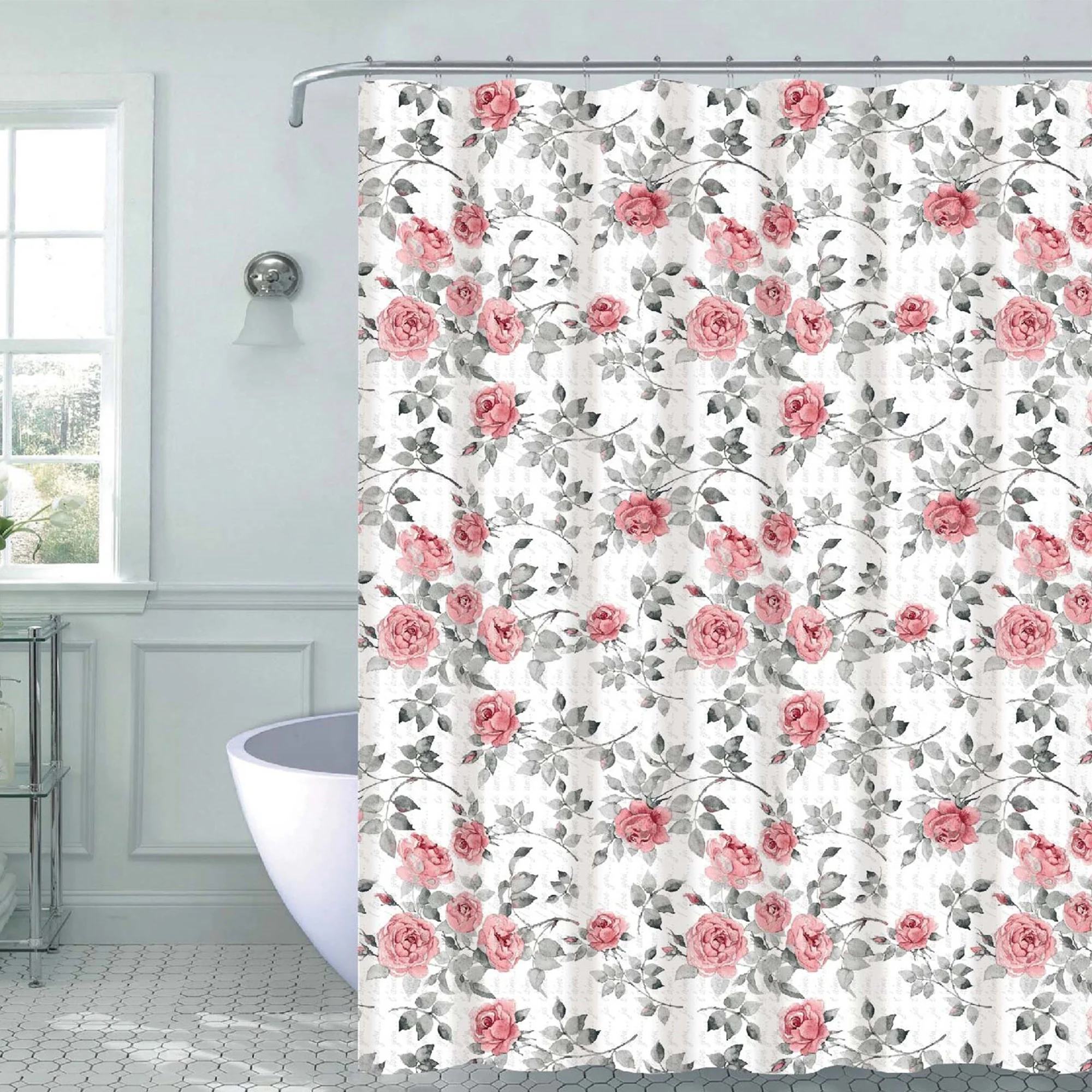Katie 13-Piece Floral Canvas Shower Curtain, Pink, 70x72 Inches