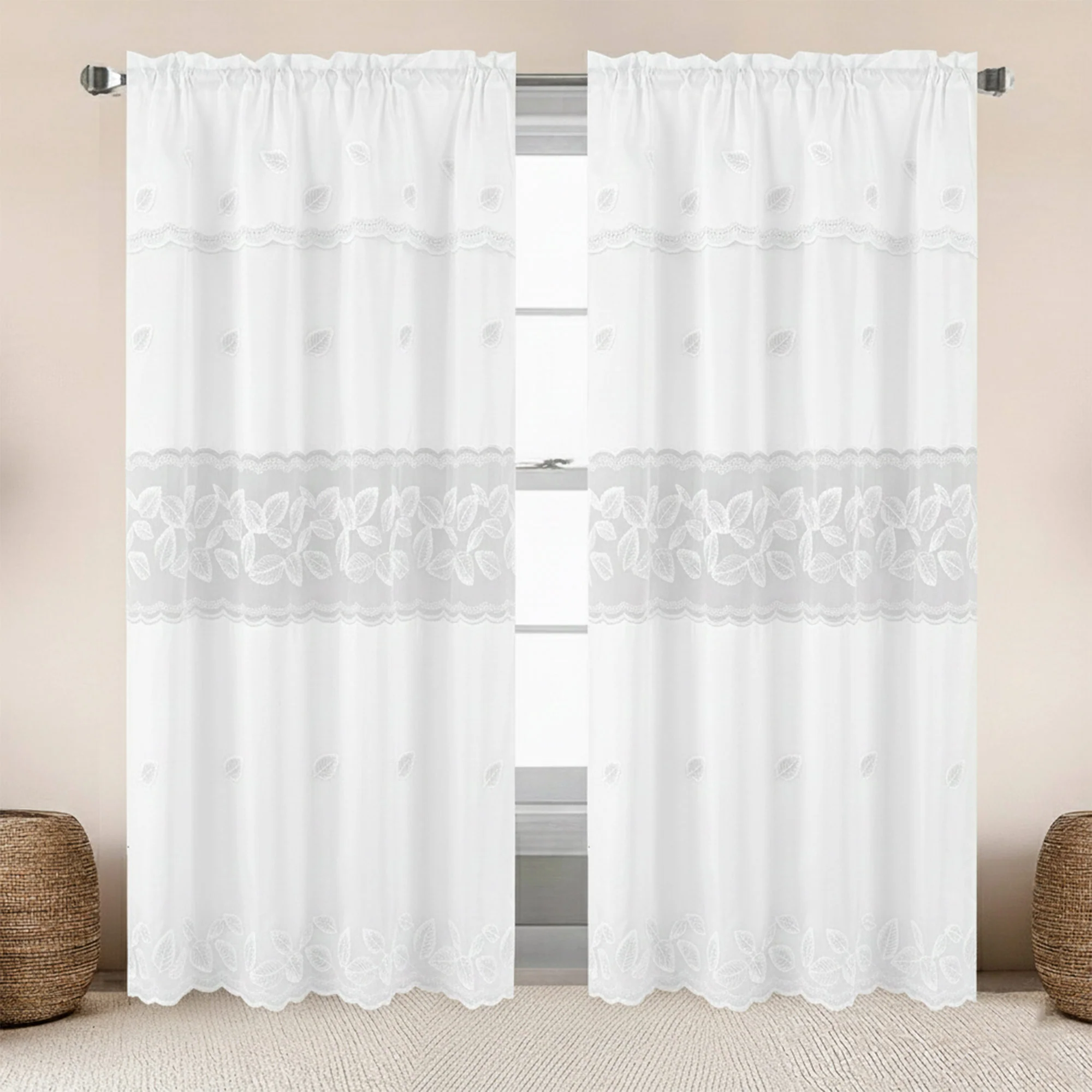 Kaylani Macramé Embroidered Window Curtain Panel with Valance, 55x84 Inches - Image 3