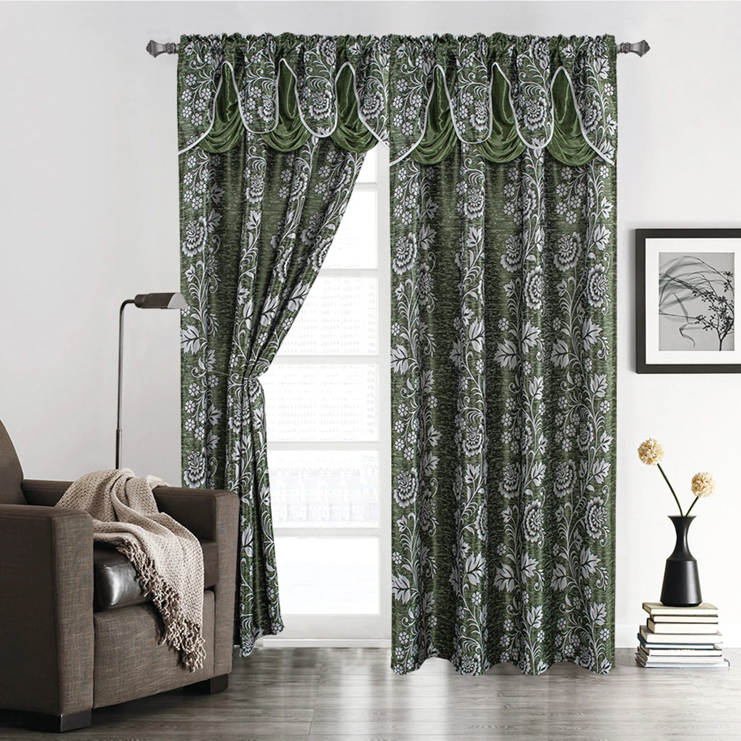 Kendra Floral Jacquard Rod Pocket Window Panel With Valance, 55x84 Inches