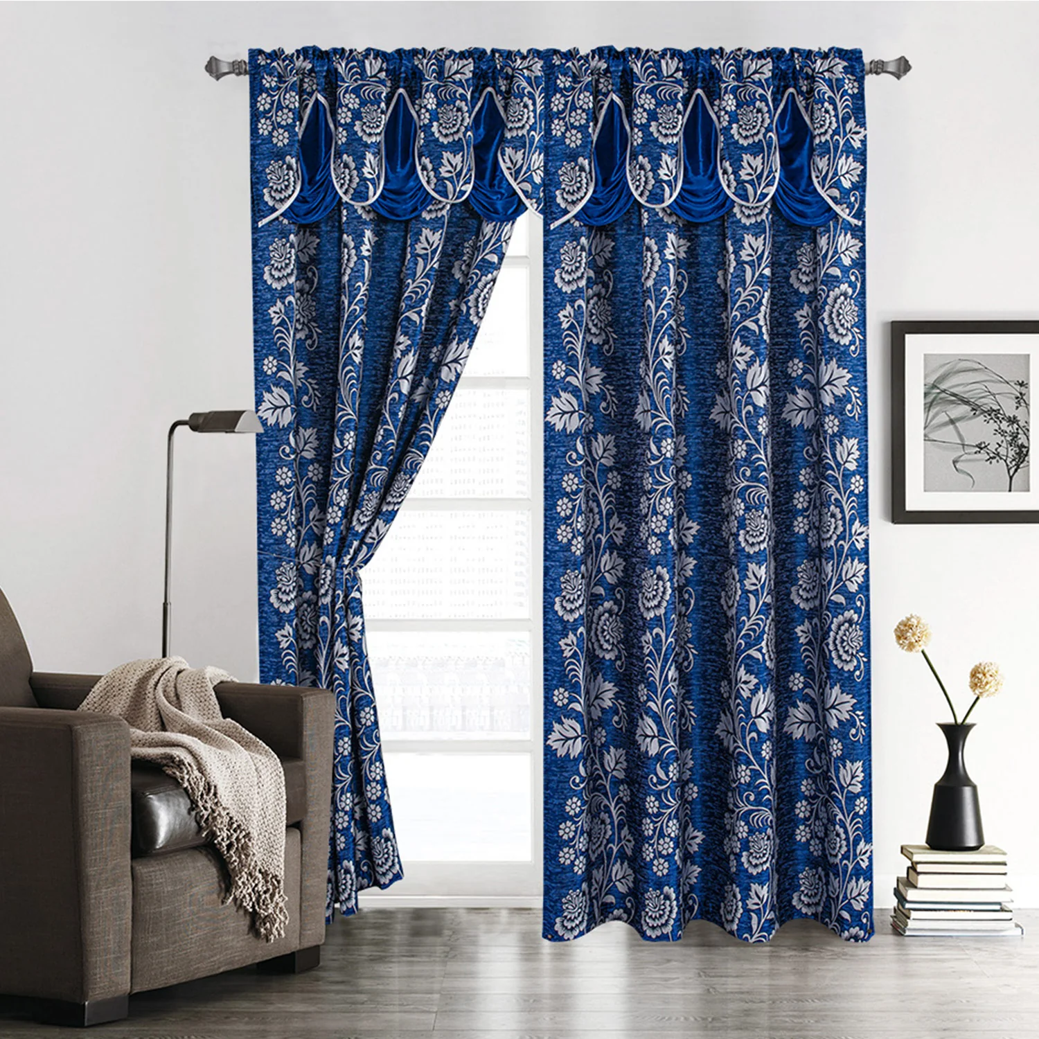 Kendra Floral Jacquard Rod Pocket Window Panel With Valance, 55x84 Inches - Image 2