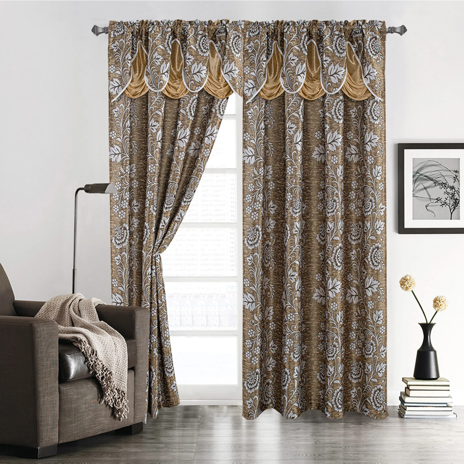 Kendra Floral Jacquard Rod Pocket Window Panel With Valance, 55x84 Inches - Image 3