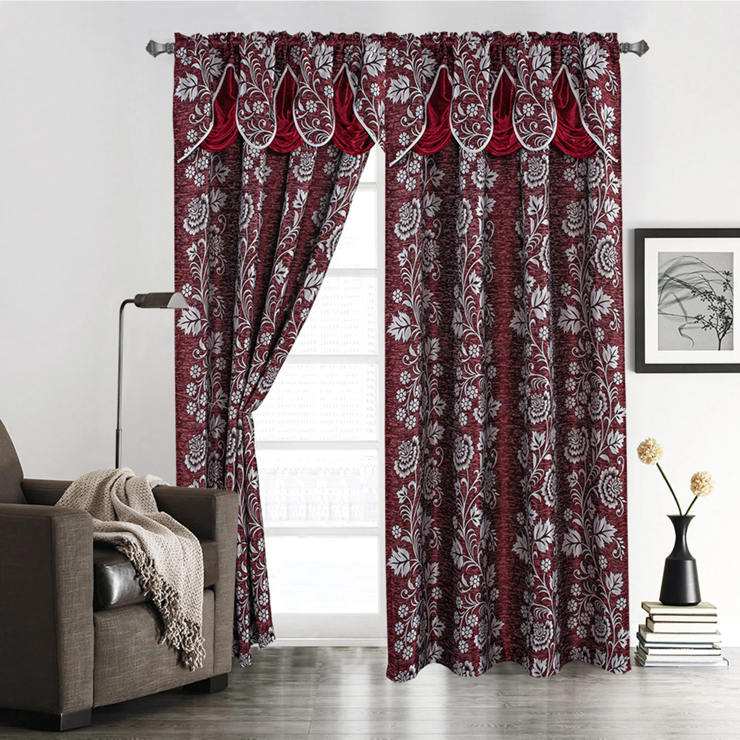 Kendra Floral Jacquard Rod Pocket Window Panel With Valance, 55x84 Inches - Image 4