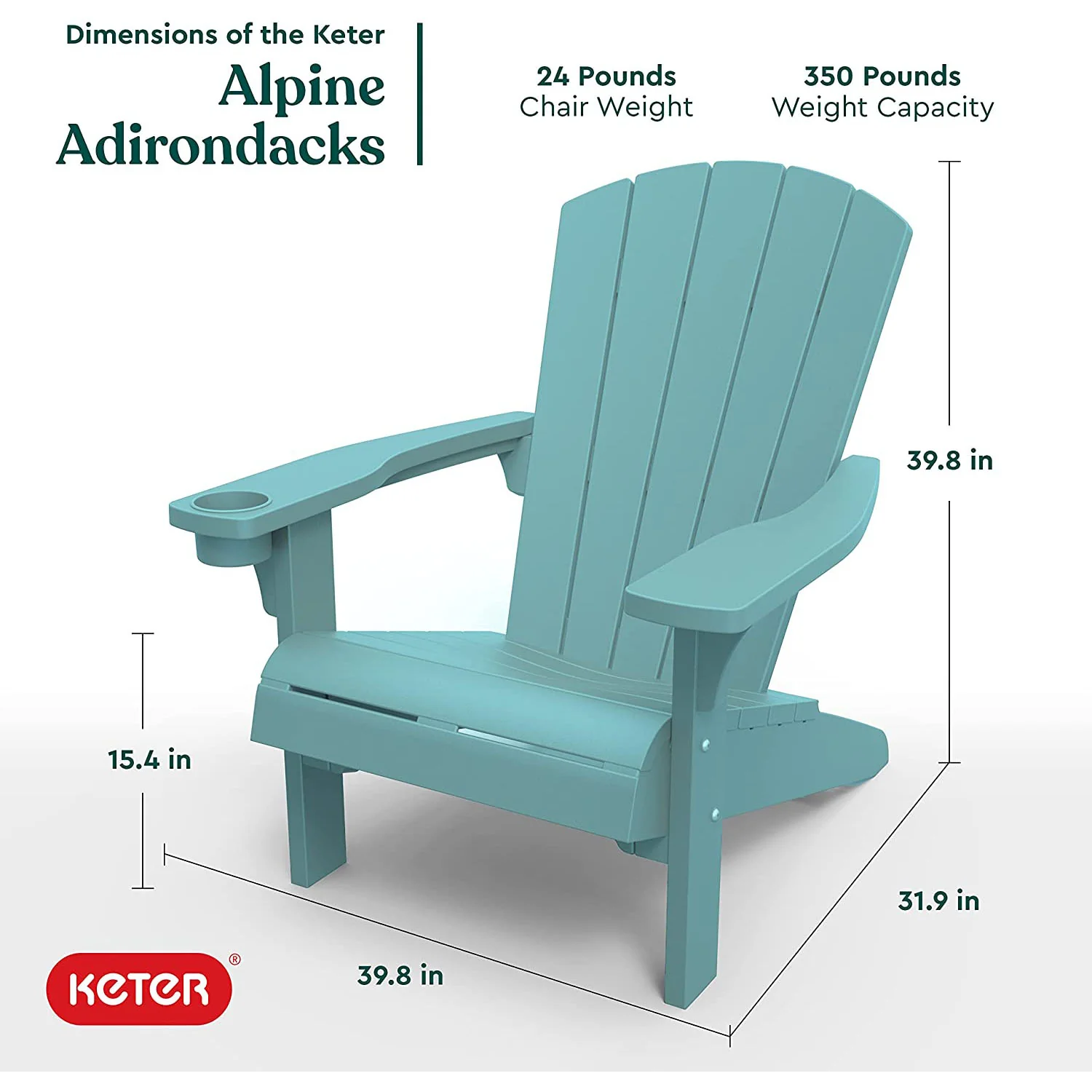 Keter 2-Pack Alpine Adirondack Resin Outdoor Furniture Patio Chairs, Teal - Image 2