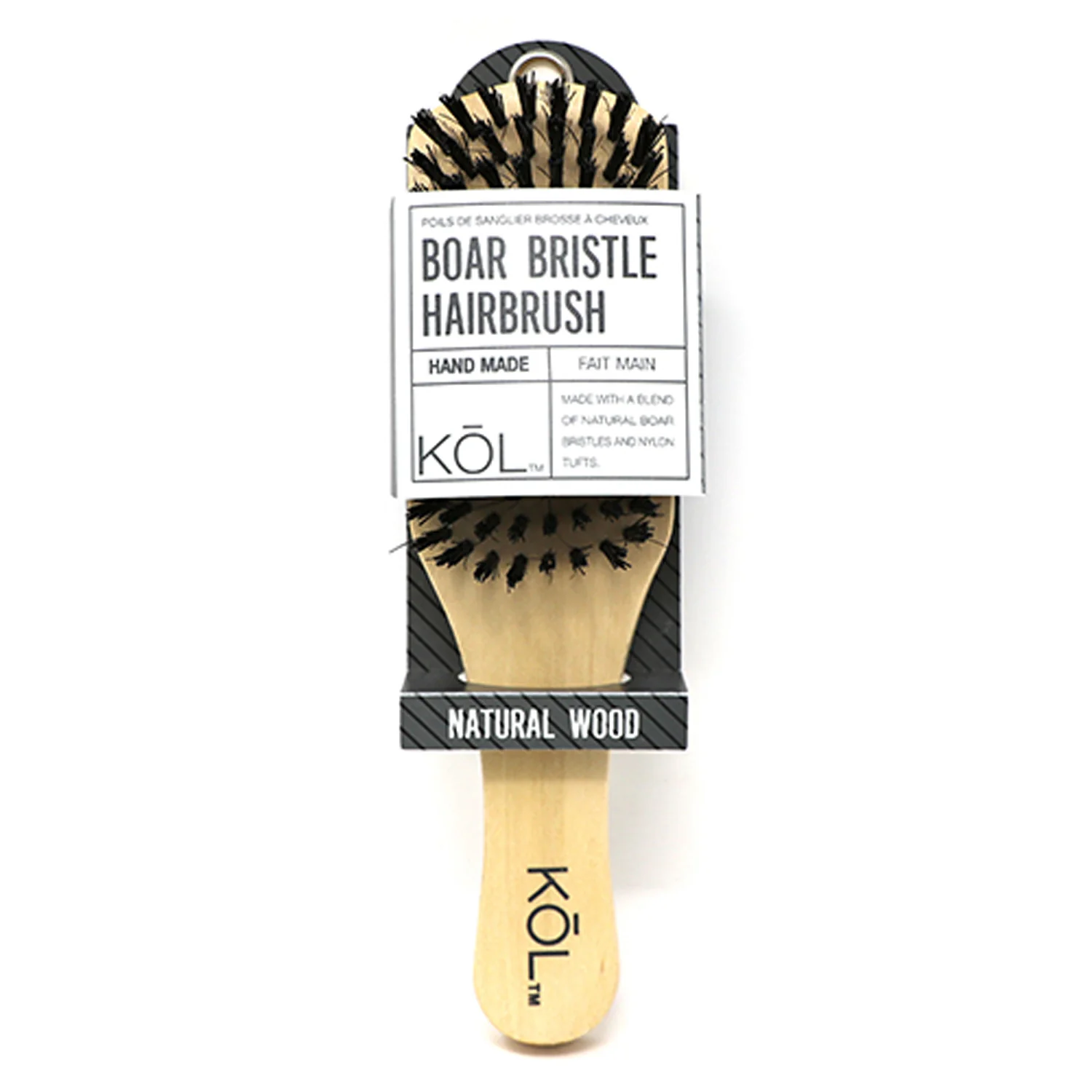 KOL Boar Bristle Hairbrush, Natural Wood, 7 Inches
