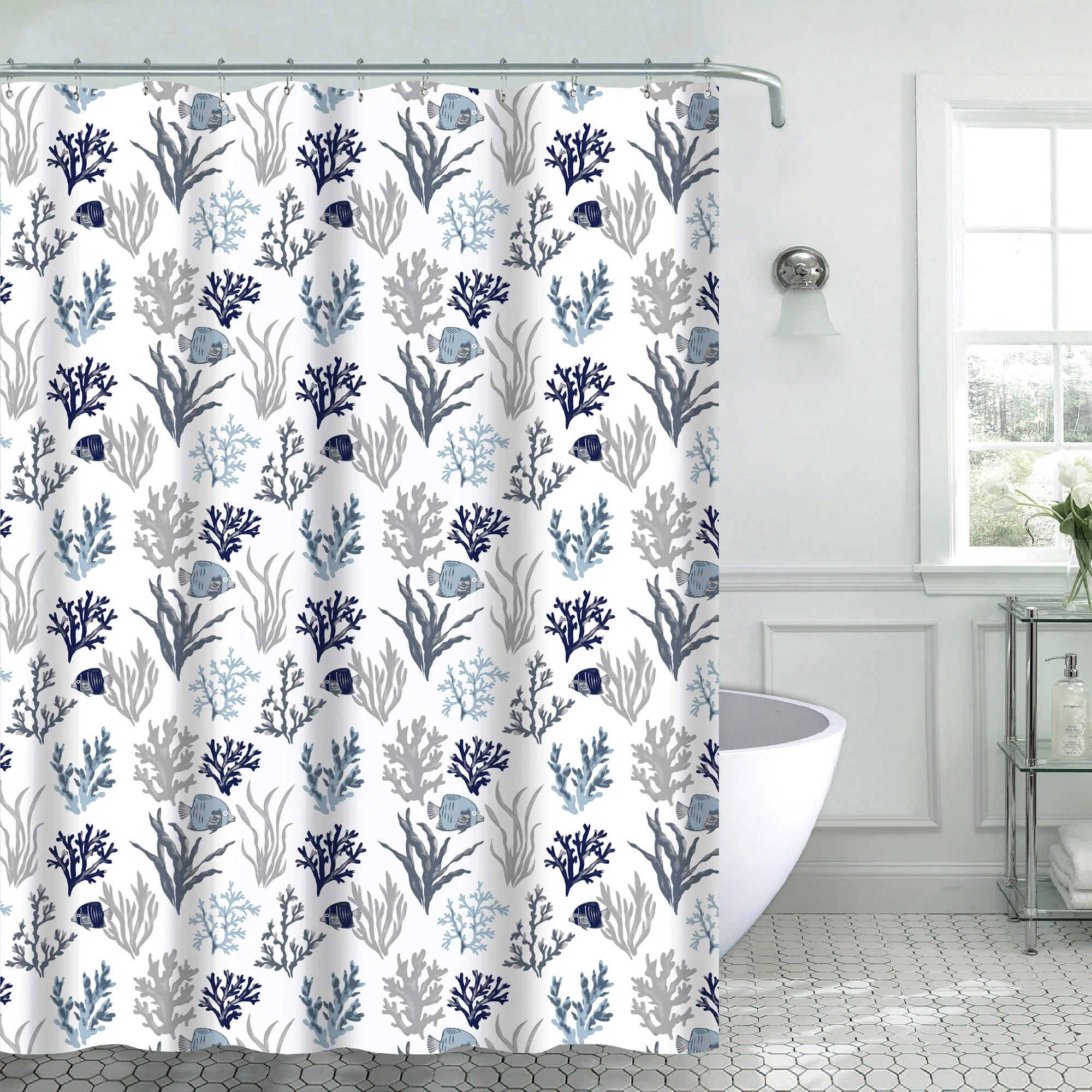 Krista 13-Piece Fish Canvas Shower Curtain, 70x72 Inches