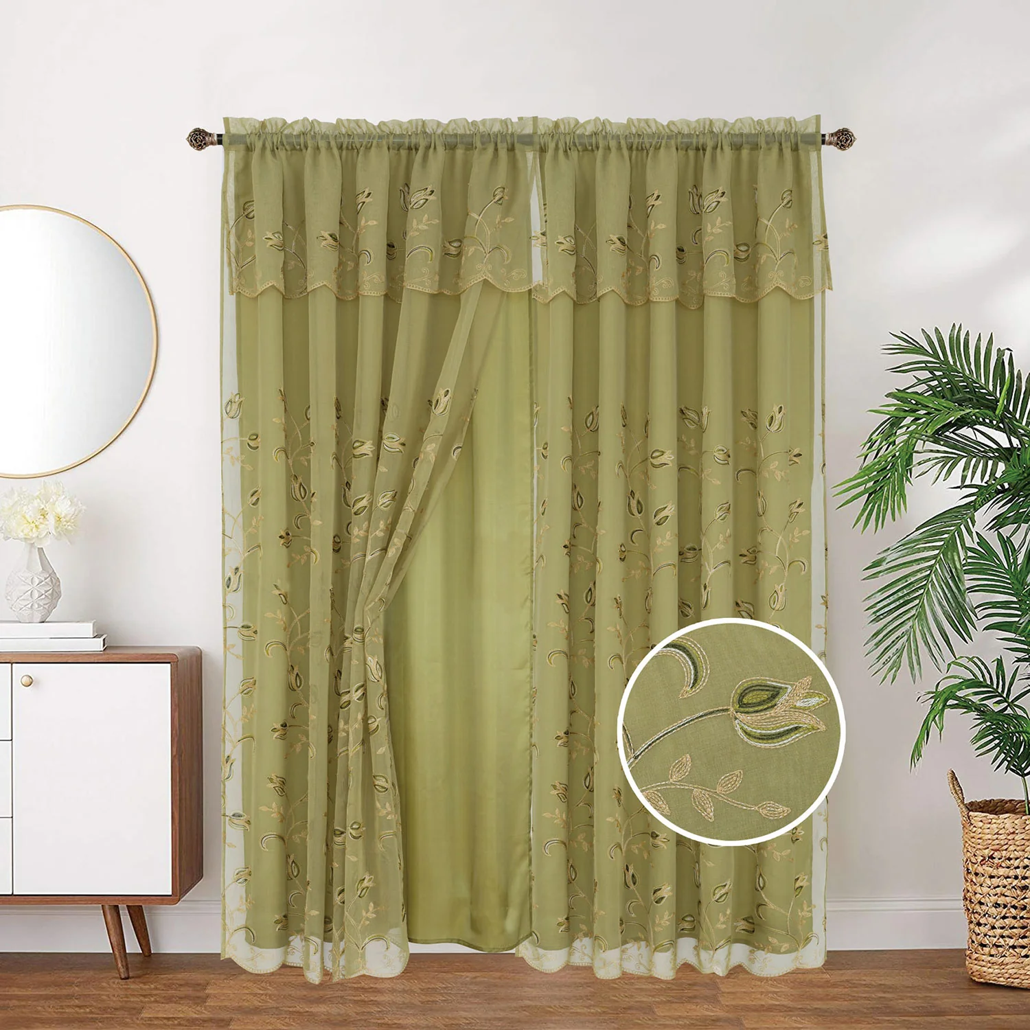 Kylie Embroidered Rod Pocket Window Panel with Attached Valance and Backing, 54x90 Inches - Image 11