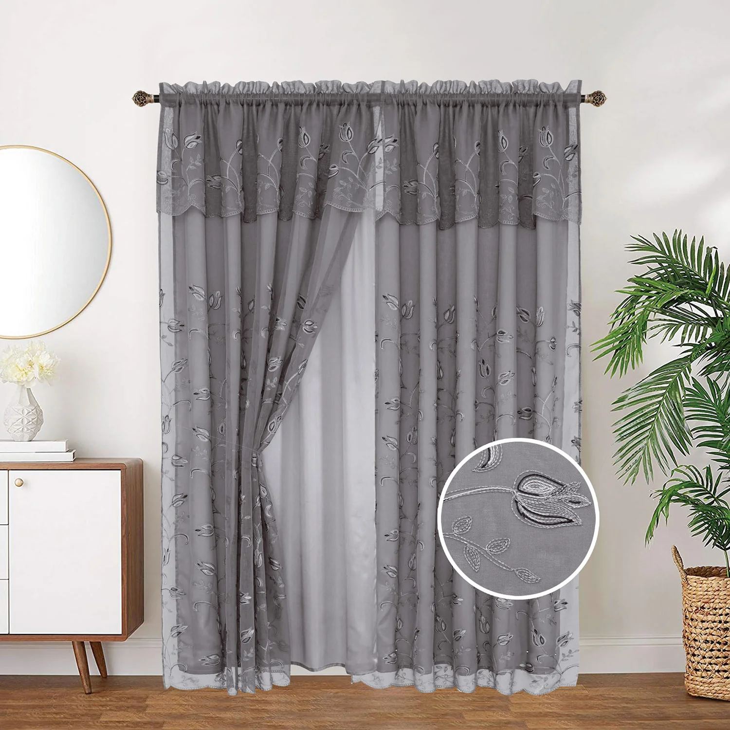 Kylie Embroidered Rod Pocket Window Panel with Attached Valance and Backing, 54x90 Inches - Image 3