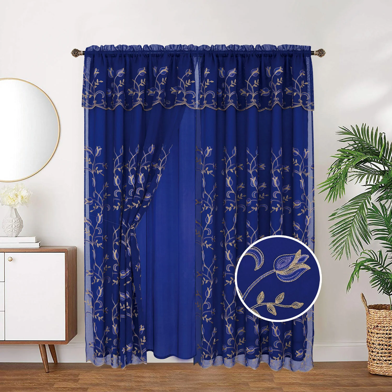 Kylie Embroidered Rod Pocket Window Panel with Attached Valance and Backing, 54x90 Inches - Image 4