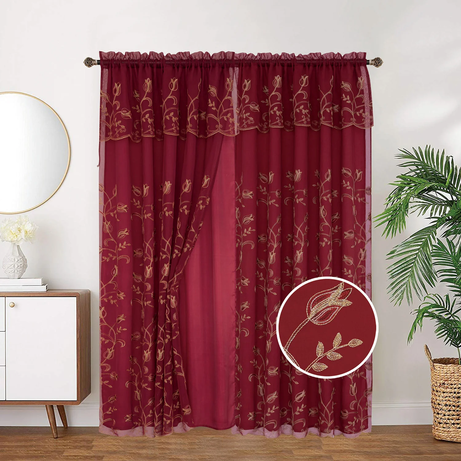 Kylie Embroidered Rod Pocket Window Panel with Attached Valance and Backing, 54x90 Inches - Image 5
