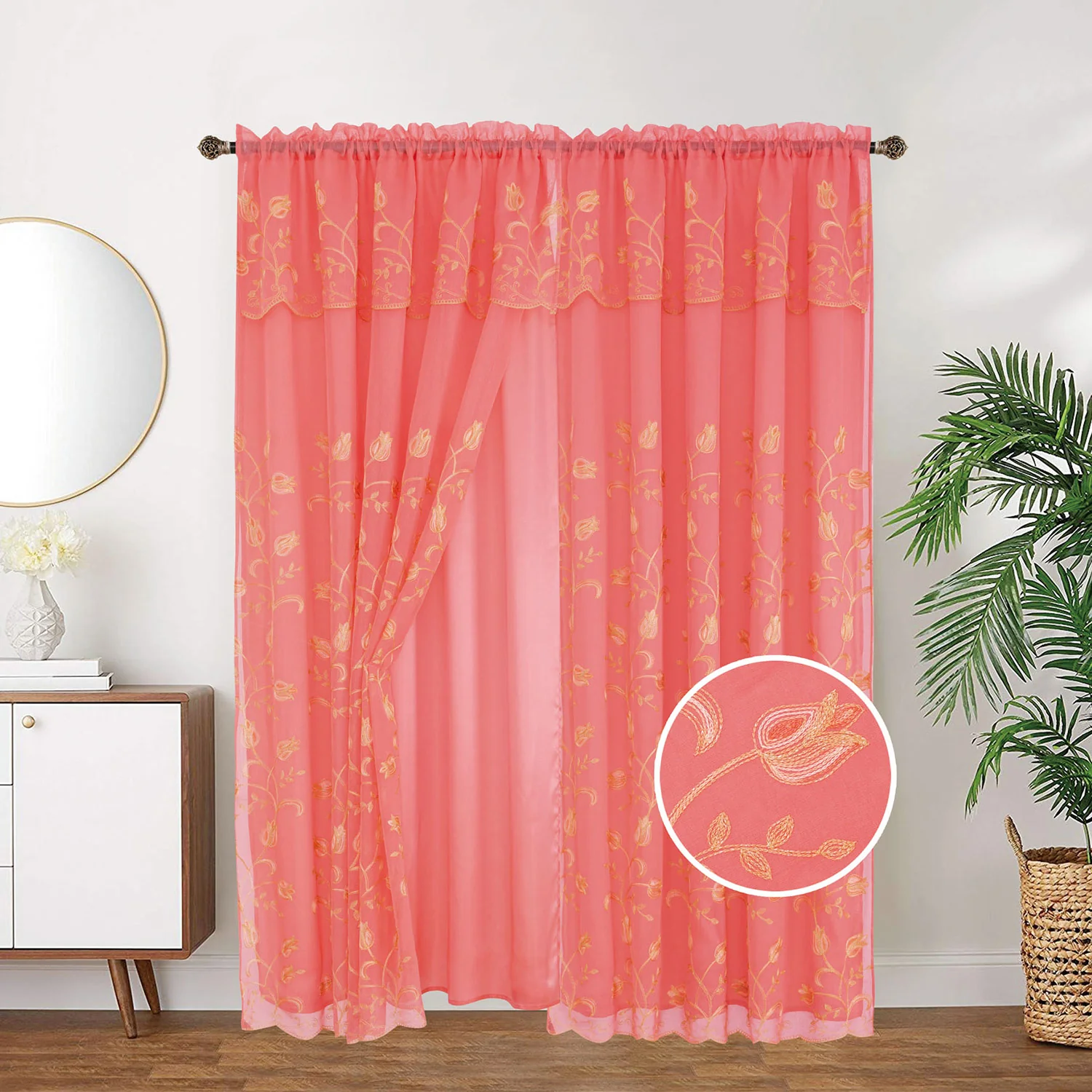 Kylie Embroidered Rod Pocket Window Panel with Attached Valance and Backing, 54x90 Inches - Image 6