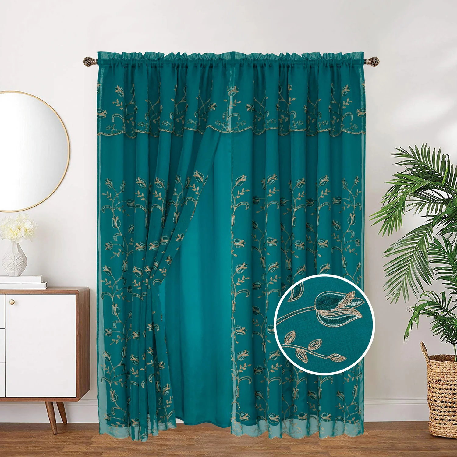 Kylie Embroidered Rod Pocket Window Panel with Attached Valance and Backing, 54x90 Inches - Image 7