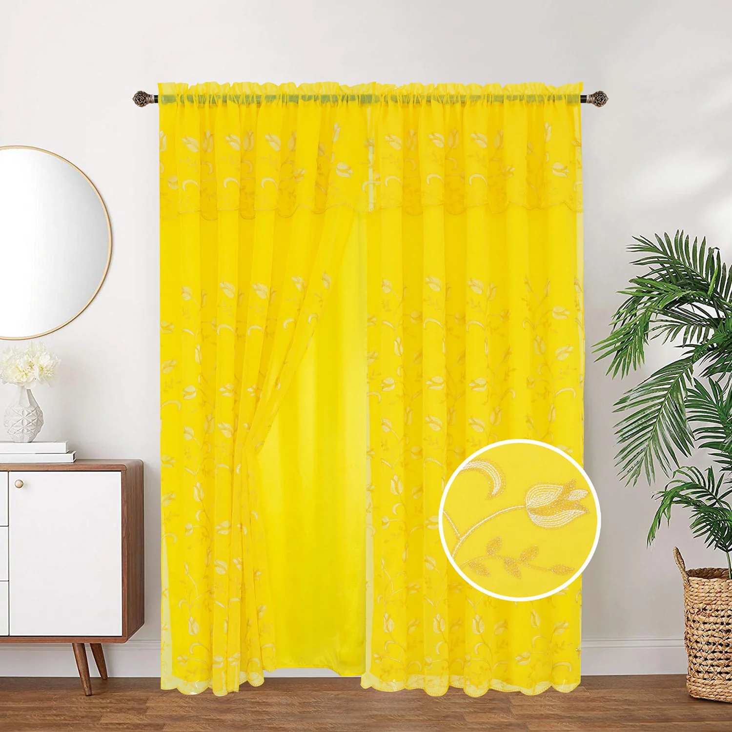 Kylie Embroidered Rod Pocket Window Panel with Attached Valance and Backing, 54x90 Inches - Image 9