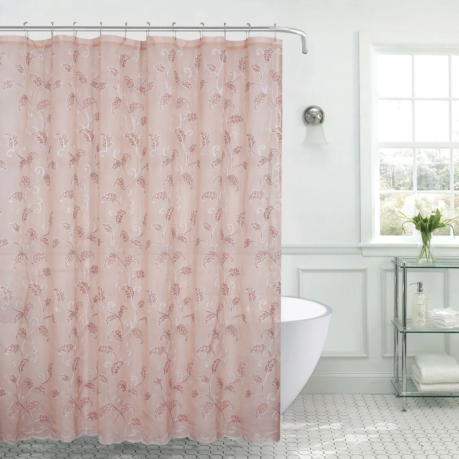 Layla Vines Voile Embroidery Shower Curtain, 12 Metal Hooks Set, 70x72 Inches - Image 3