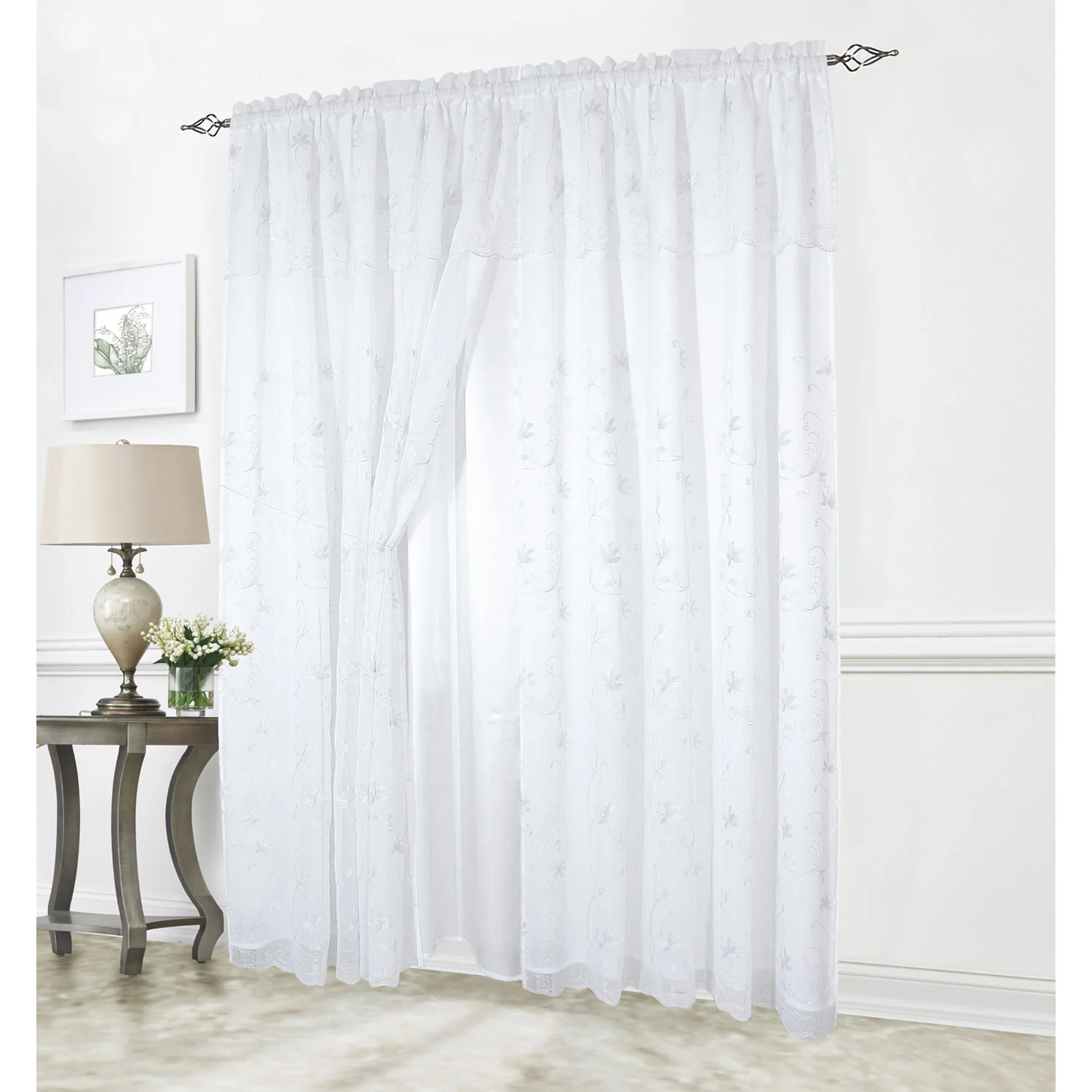 Liliana Floral Embroidered Rod Pocket Window Panel With Valance and Backing, 54x90 Inches - Image 5