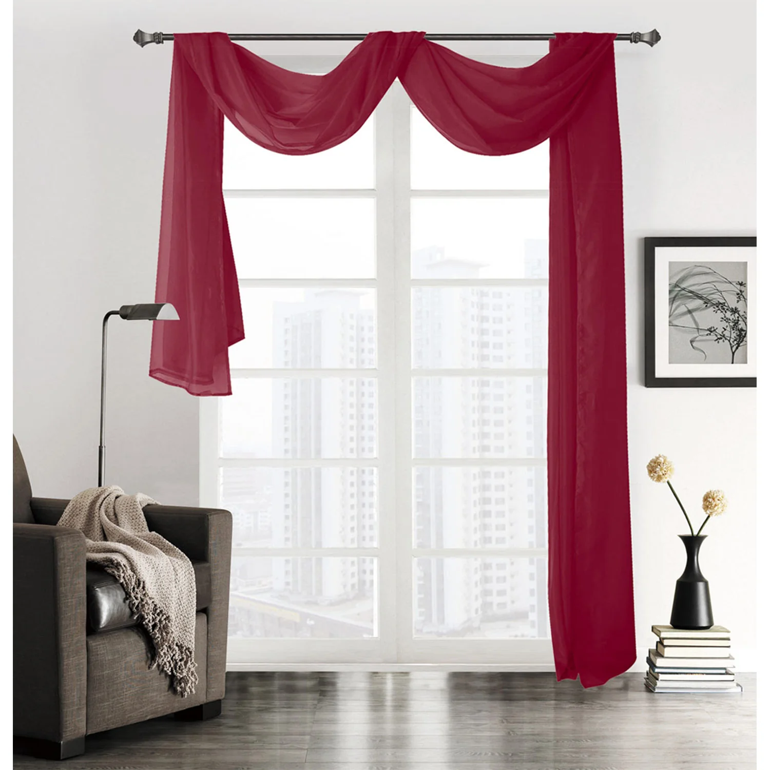 Linda Voile Sheer Solid Window Scarf, Burgundy, 55x216 Inches
