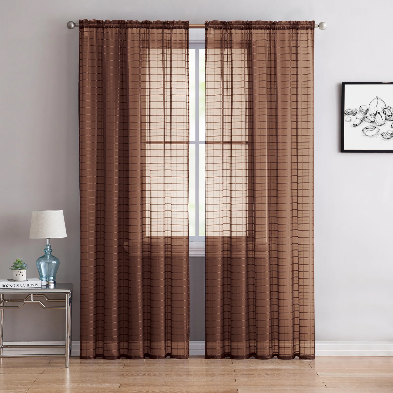 Lisa Plaid Sheer Rod Pocket Panel, Coffee, 55x90 Inches