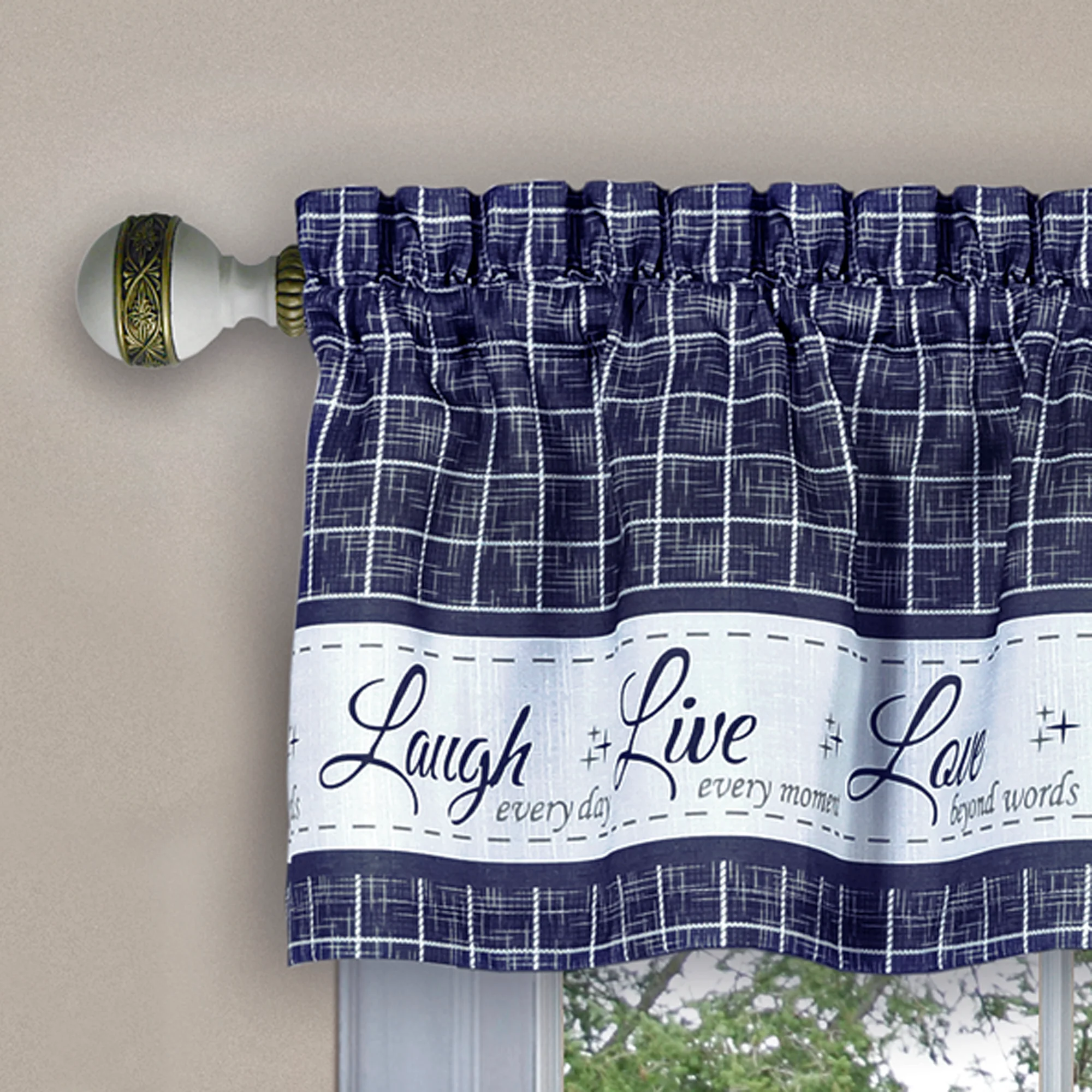 Live Laugh Love 3-Piece Kitchen Curtain Set, Blue, Tiers 58x36, Swag 58x14 Inches - Image 2