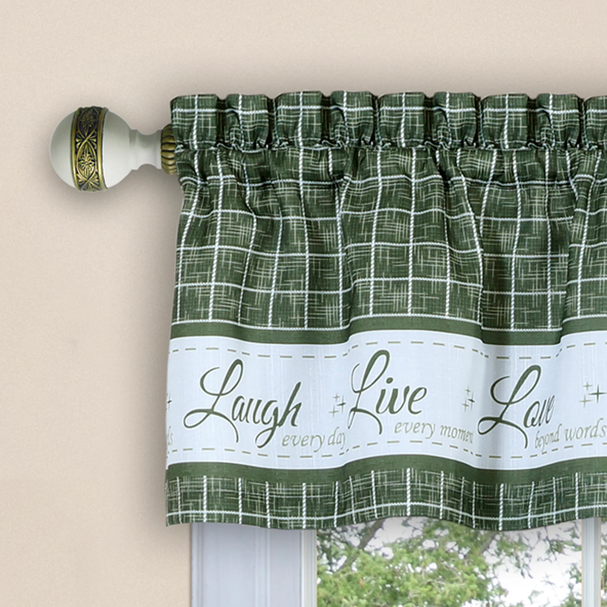 Live, Love, Laugh Window Curtain Tier Pair and Valance Set - 58x24 - Green - Image 2