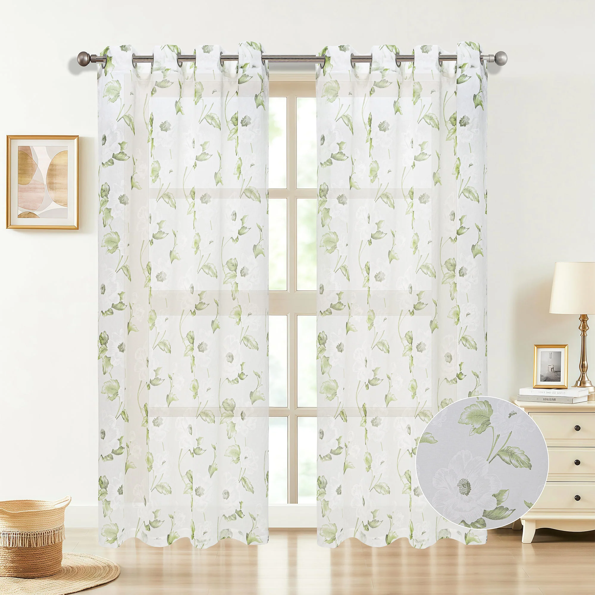 Loro Sheer Floral Printed Grommet Window Curtain Panel, 54x84 Inches - Image 2