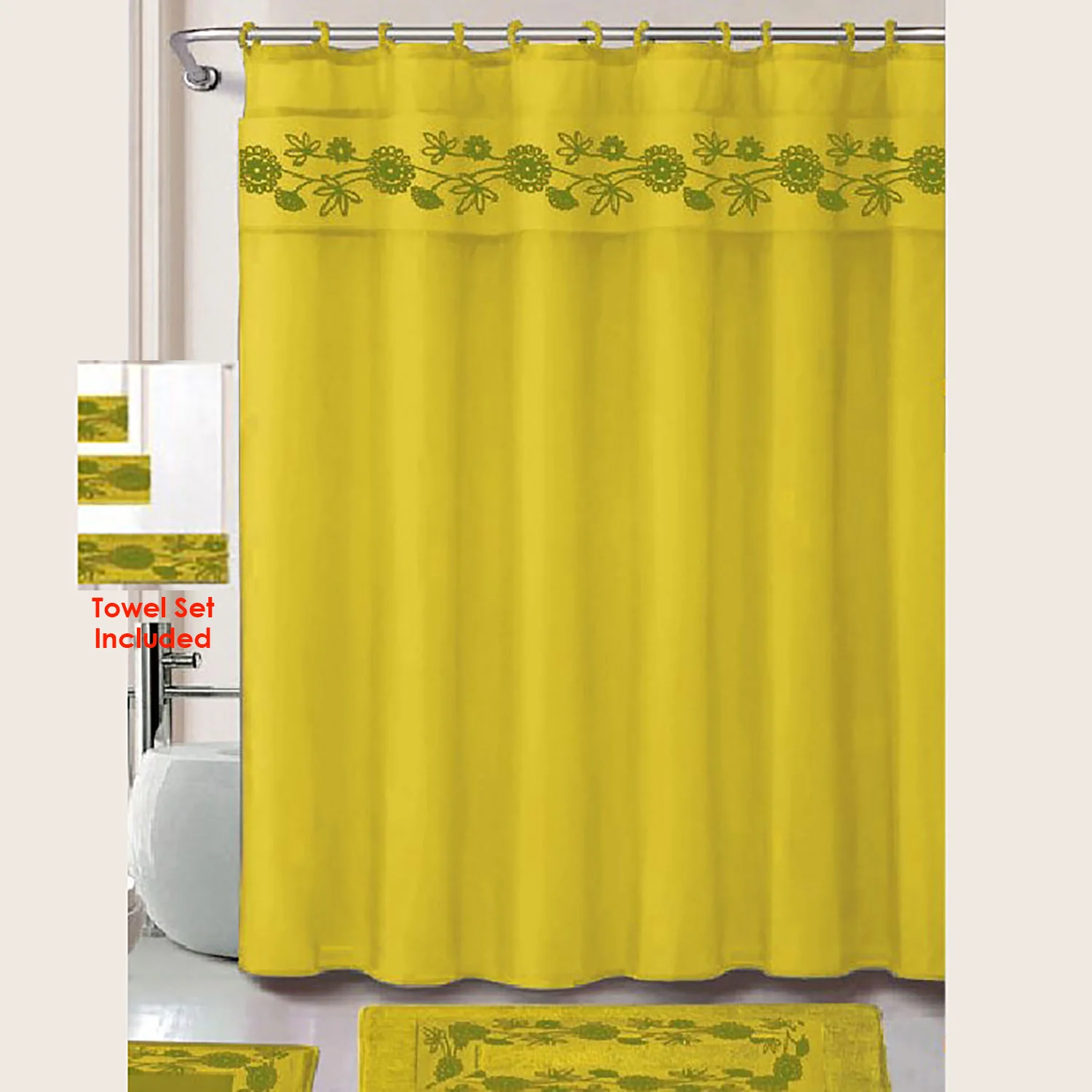 Louissa 18 Piece Embroidered Bath Rug with Towel Set, Bright Yellow