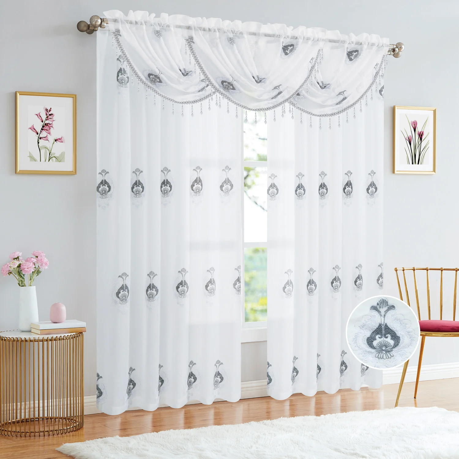 Lourdes Damask Embroidered Sheer Rod Pocket Window Panel And Valance Treatments - Image 17