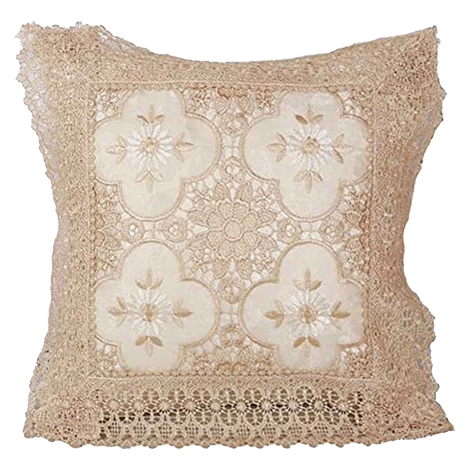 Luxurious Braided Decorative Lace Cutwork Design Cushion Cover, Beige, 18x18 Inches