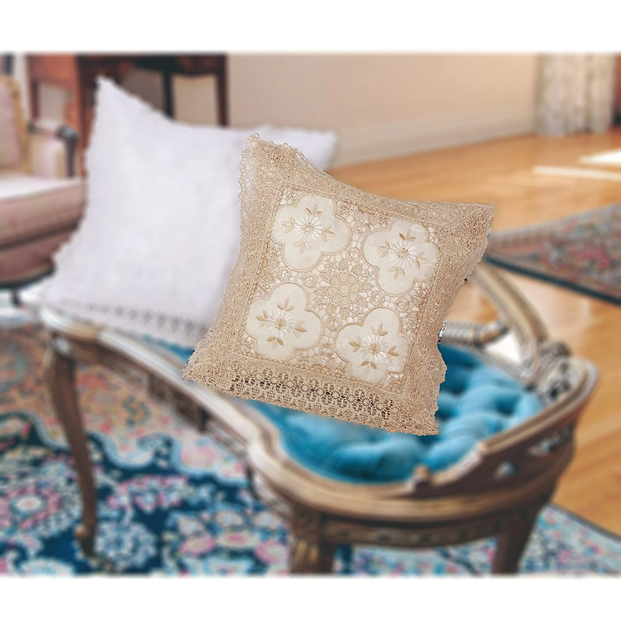 Luxurious Braided Decorative Lace Cutwork Design Cushion Cover, Beige, 18x18 Inches - Image 3