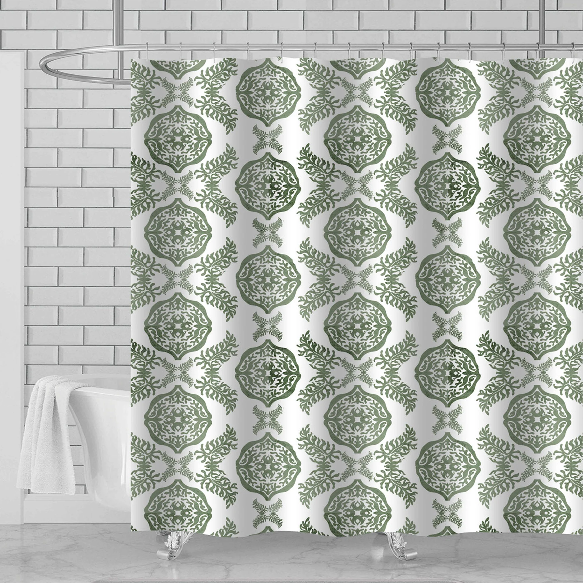 Lydia 13 Piece Damask Canvas Shower Curtain with Hooks, Green, 70x72 Inches