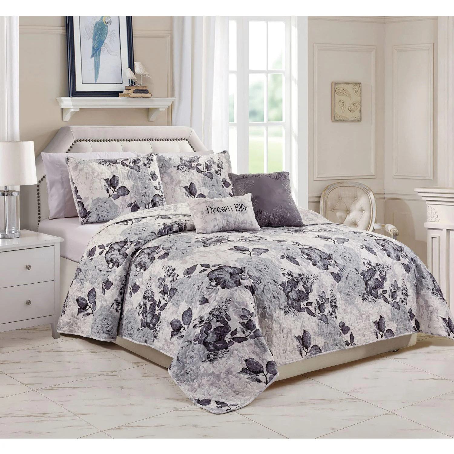 Lynn Floral Printed 5-Piece Reversible Quilt Set - Image 2