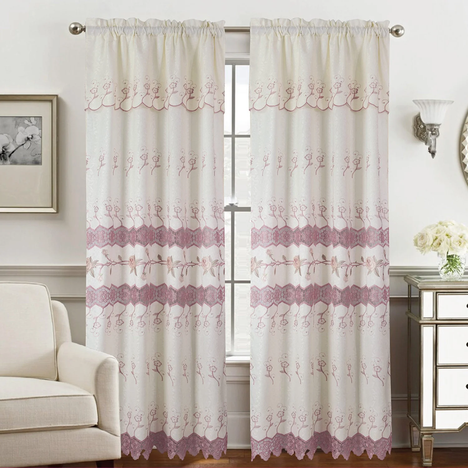 Malaika Embroidered Jacquard Macrame Window Panel with Valance, 54x84 Inches - Image 2