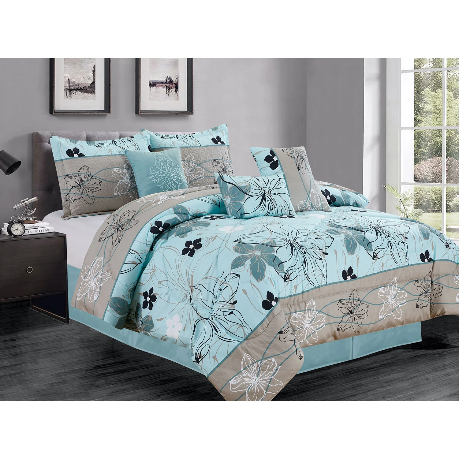 Premius Maya 7 Piece Oversized Comforter Set, Aqua-Grey - Image 2