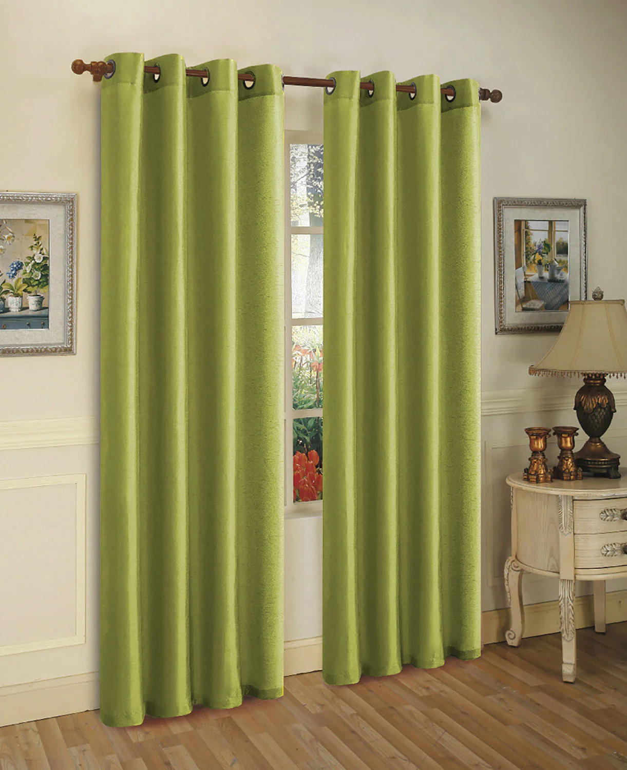 Melanie Faux Silk Grommet Window Panel, Green, 55x63 Inches