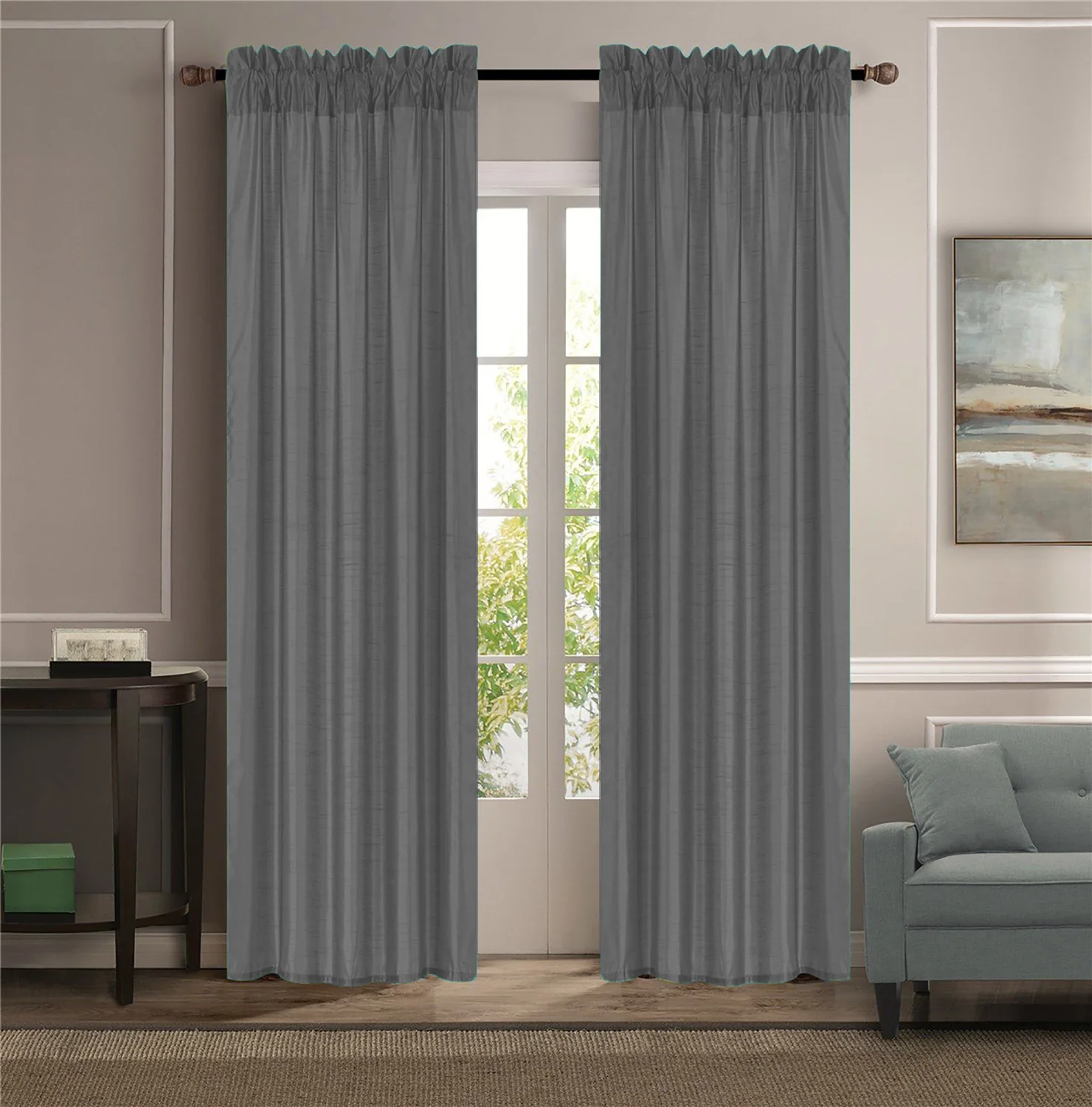 Melanie Faux Silk Rod Pocket Window Panel, Charcoal, 55x84  Inches