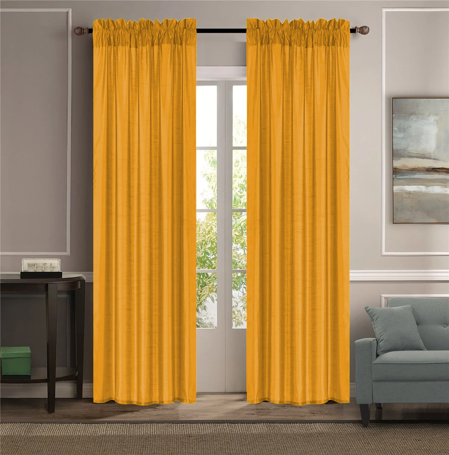 Melanie Faux Silk Rod Pocket Window Panel, Mustard, 55x84 Inches