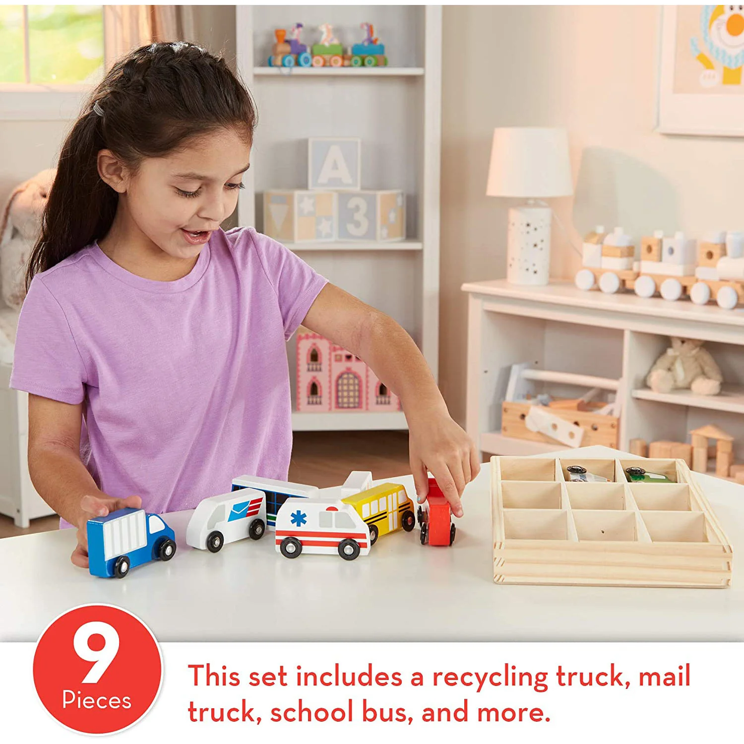 Melissa & Doug 9-Piece Wooden Cars Vehicle in Wooden Tray Set - Image 2