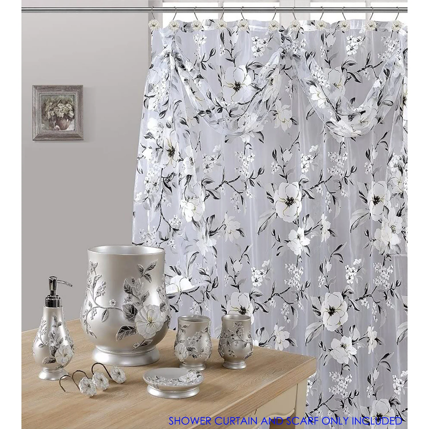 Melrose Sheer Printed Floral Shower Curtain with Scarf, Gray, 70x72 Inches