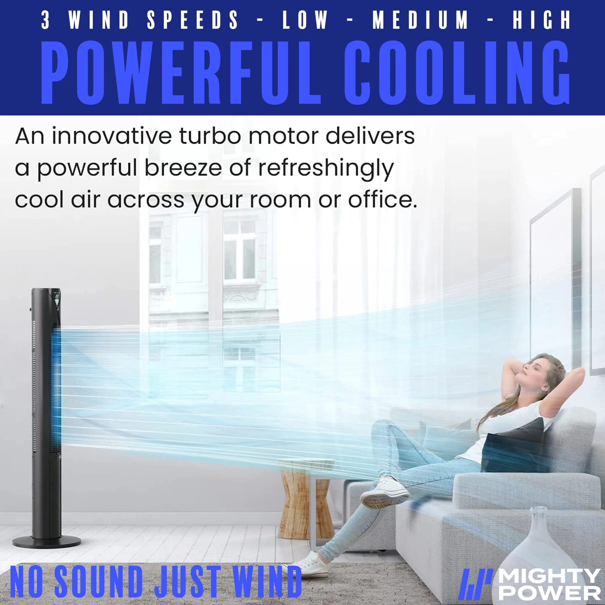 MIGHTY POWER 3 Speed LED Tower Fan With Remote Control, Timer, Night Mode, Black, 38 Inches - Image 3