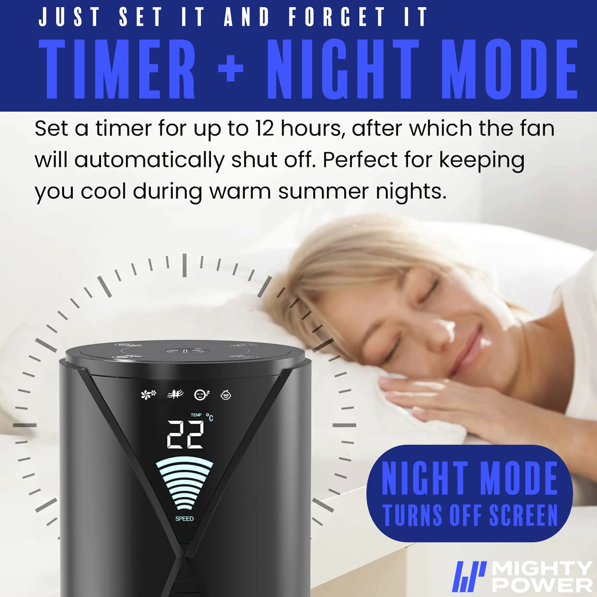 MIGHTY POWER 3 Speed LED Tower Fan With Remote Control, Timer, Night Mode, Black, 38 Inches - Image 7