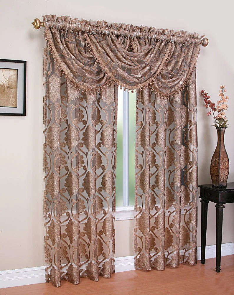 Milawi Jacquard Sheer Rod Pocket Panel And Valance Treatments, Brown